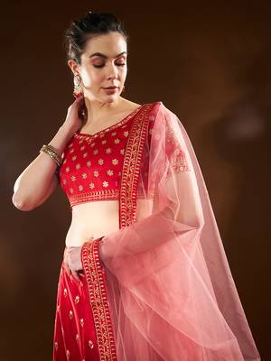 Red Embroidered Semi Stitched Zari Work And Thread Work Lehenga Choli 5