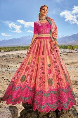 Peach Banarasi Jacquard Silk Heavy Thread Embroidery, Zari With Sequins, Cut and Hand Work Lehenga Choli 1