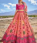 Peach Banarasi Jacquard Silk Heavy Thread Embroidery, Zari With Sequins, Cut and Hand Work Lehenga Choli