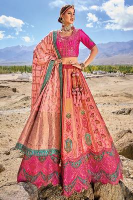 Peach Banarasi Jacquard Silk Heavy Thread Embroidery, Zari With Sequins, Cut and Hand Work Lehenga Choli 2