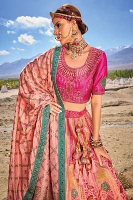 Peach Banarasi Jacquard Silk Heavy Thread Embroidery, Zari With Sequins, Cut and Hand Work Lehenga Choli 3