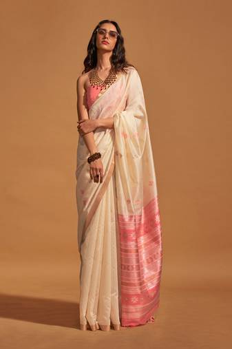 Cream Handwoven Silk Blend Jacquard Woven Saree With Blouse