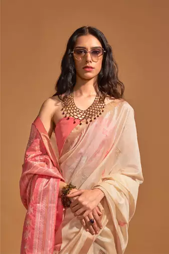 Cream Handwoven Silk Blend Jacquard Woven Saree With Blouse