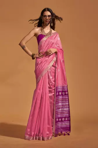 Pink Handwoven Silk Jacquard Woven Saree With Blouse