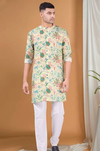 Shiwam ethnix men's pastel kurta with elastic pyjama set - tropical paradise
