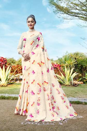 Aalekha Off White Soft Cotton Jamdani Saree With Unstitched Blouse Piece