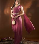 	Wild Berry Color Ready To Wear Malai 4x4 Lacra Stitched Saree And Embroidery Multi Sequins Work Blouse With Waist Belt