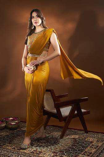	Ready To Wear Malai 4x4 Lacra Stitched Saree And Heavy Embroidery Multi Sequins Work Blouse With Embroidery Waist Belt