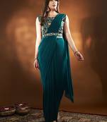 Ready To Wear Stitched Lycra Saree With Heavy Embroidery Multi Sequins Work Blouse With Embroidery Waist Belt