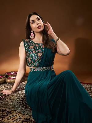 Ready To Wear Stitched Lycra Saree With Heavy Embroidery Multi Sequins Work Blouse With Embroidery Waist Belt 2