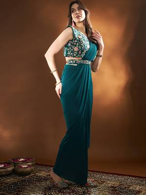 Ready To Wear Stitched Lycra Saree With Heavy Embroidery Multi Sequins Work Blouse With Embroidery Waist Belt 4