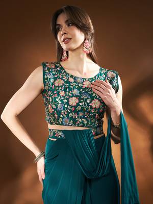 Ready To Wear Stitched Lycra Saree With Heavy Embroidery Multi Sequins Work Blouse With Embroidery Waist Belt 5