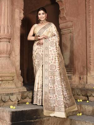 Elora pure tussar silk warli embroidery saree for women (cream) 1