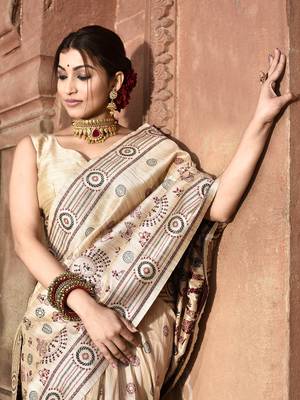 Elora pure tussar silk warli embroidery saree for women (cream) 2