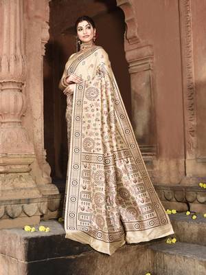 Elora pure tussar silk warli embroidery saree for women (cream) 4