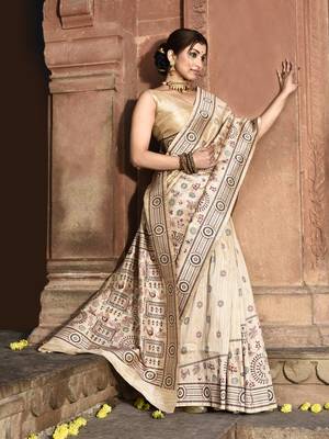 Elora pure tussar silk warli embroidery saree for women (cream) 5