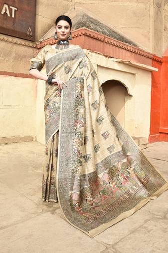 Elora pure tussar silk madhubani pattern saree for women (beige)
