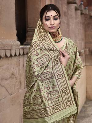 Elora pure tussar silk warli embroidery saree for women (light green) 2