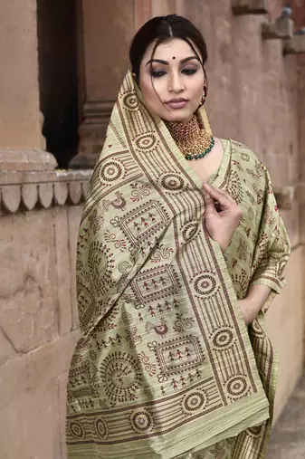 Elora pure tussar silk warli embroidery saree for women (light green)