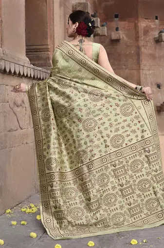 Elora pure tussar silk warli embroidery saree for women (light green)