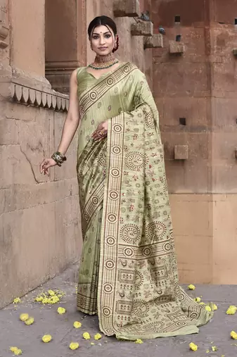 Elora pure tussar silk warli embroidery saree for women (light green)