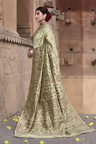 Elora pure tussar silk warli embroidery saree for women (light green)