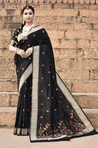 Elora pure tussar silk floral pallu embroidery saree for women (black)