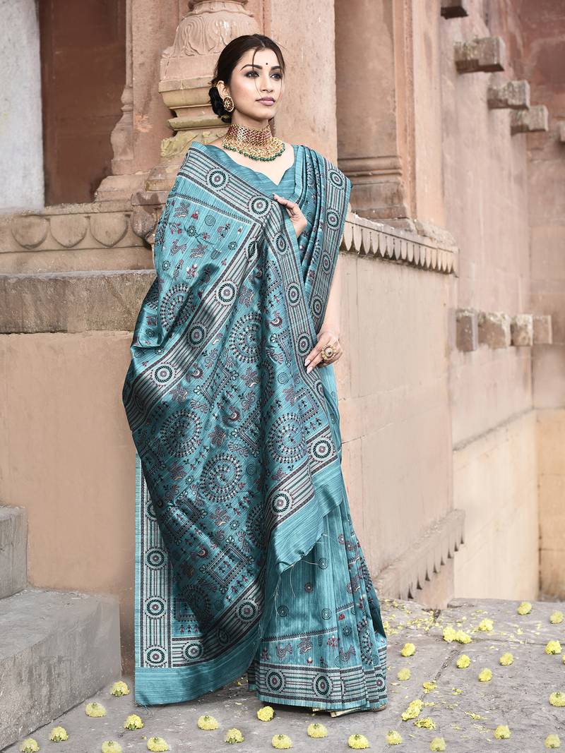 Elora pure tussar silk warli embroidery saree for women (teal green)