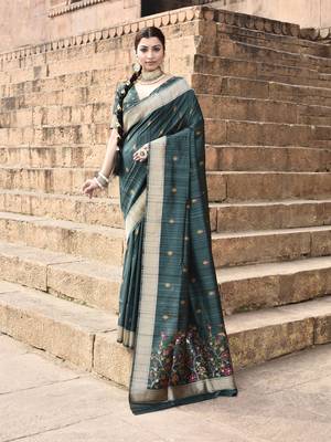 Elora pure tussar silk floral pallu embroidery saree for women (dark green) 1