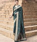 Elora pure tussar silk floral pallu embroidery saree for women (dark green)