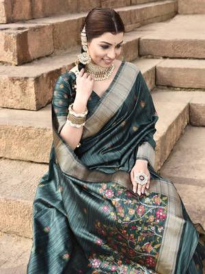 Elora pure tussar silk floral pallu embroidery saree for women (dark green) 2