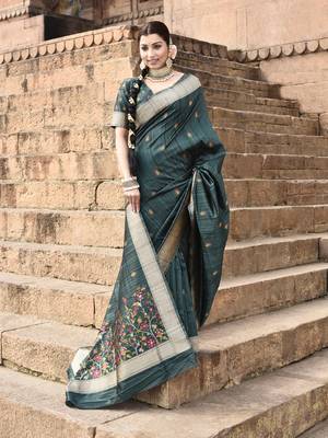 Elora pure tussar silk floral pallu embroidery saree for women (dark green) 3