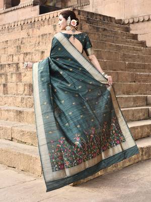 Elora pure tussar silk floral pallu embroidery saree for women (dark green) 4