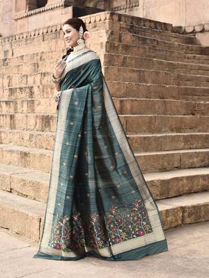 Elora pure tussar silk floral pallu embroidery saree for women (dark green) 5