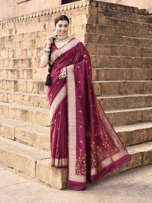 Elora pure tussar silk floral pallu embroidery saree for women (magenta) 1