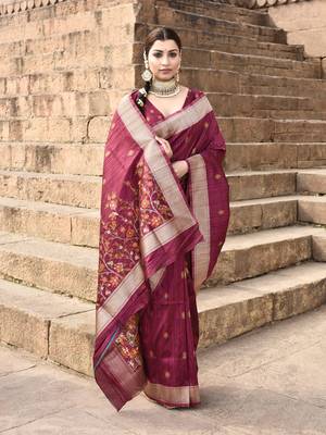 Elora pure tussar silk floral pallu embroidery saree for women (magenta) 2