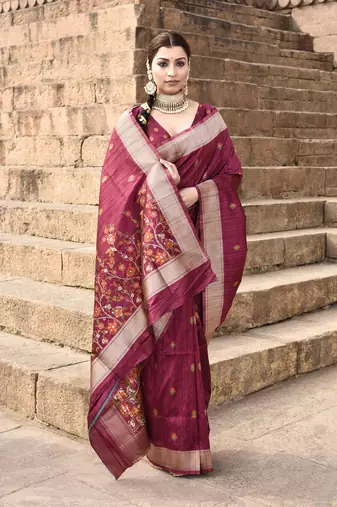 Elora pure tussar silk floral pallu embroidery saree for women (magenta)