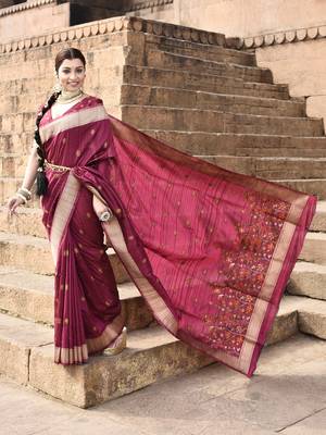Elora pure tussar silk floral pallu embroidery saree for women (magenta) 3