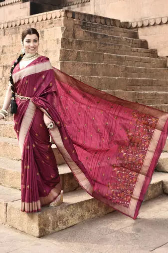 Elora pure tussar silk floral pallu embroidery saree for women (magenta)