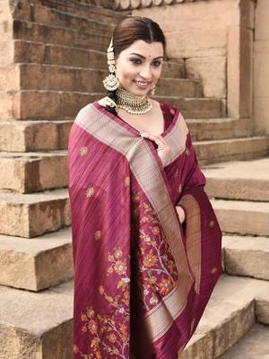 Elora pure tussar silk floral pallu embroidery saree for women (magenta) 4