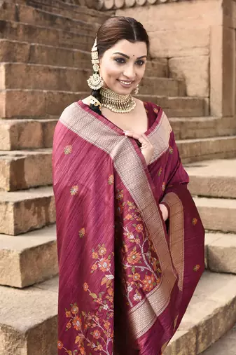 Elora pure tussar silk floral pallu embroidery saree for women (magenta)