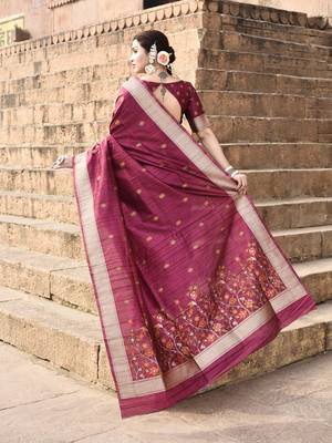 Elora pure tussar silk floral pallu embroidery saree for women (magenta) 5