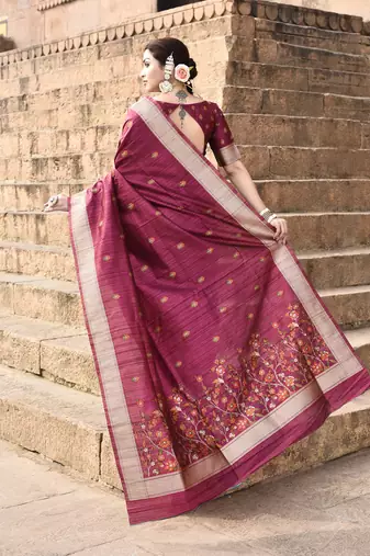 Elora pure tussar silk floral pallu embroidery saree for women (magenta)