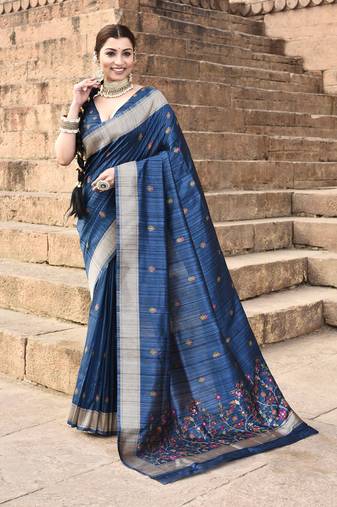 Elora pure tussar silk floral pallu embroidery saree for women (royal blue)