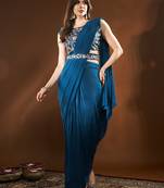 Ready To Wear Stitched Lycra Saree With Heavy Embroidery Multi Sequins Work Blouse With Embroidery Waist Belt