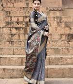 Elora pure tussar silk floral pallu embroidery saree for women (dark grey)