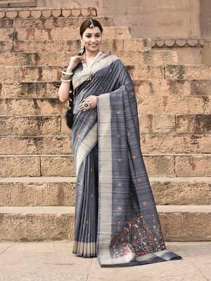Elora pure tussar silk floral pallu embroidery saree for women (dark grey) 2