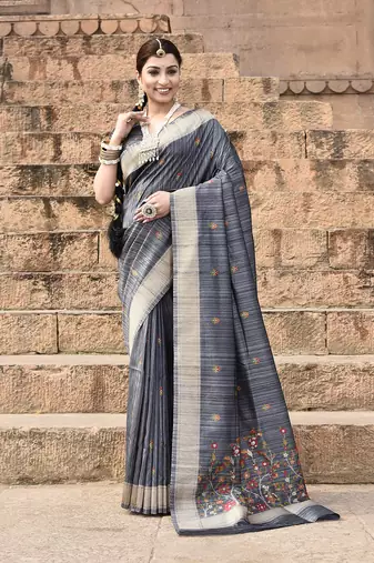 Elora pure tussar silk floral pallu embroidery saree for women (dark grey)