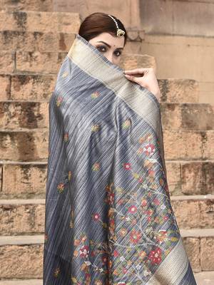 Elora pure tussar silk floral pallu embroidery saree for women (dark grey) 3