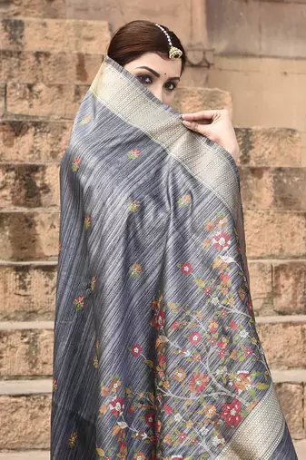 Elora pure tussar silk floral pallu embroidery saree for women (dark grey)
